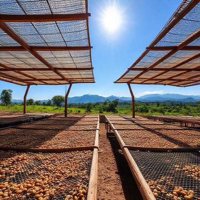 Raised drying beds with parchment coffee