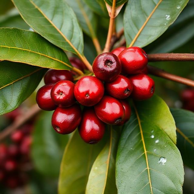 Kenyan coffee cherries on branch